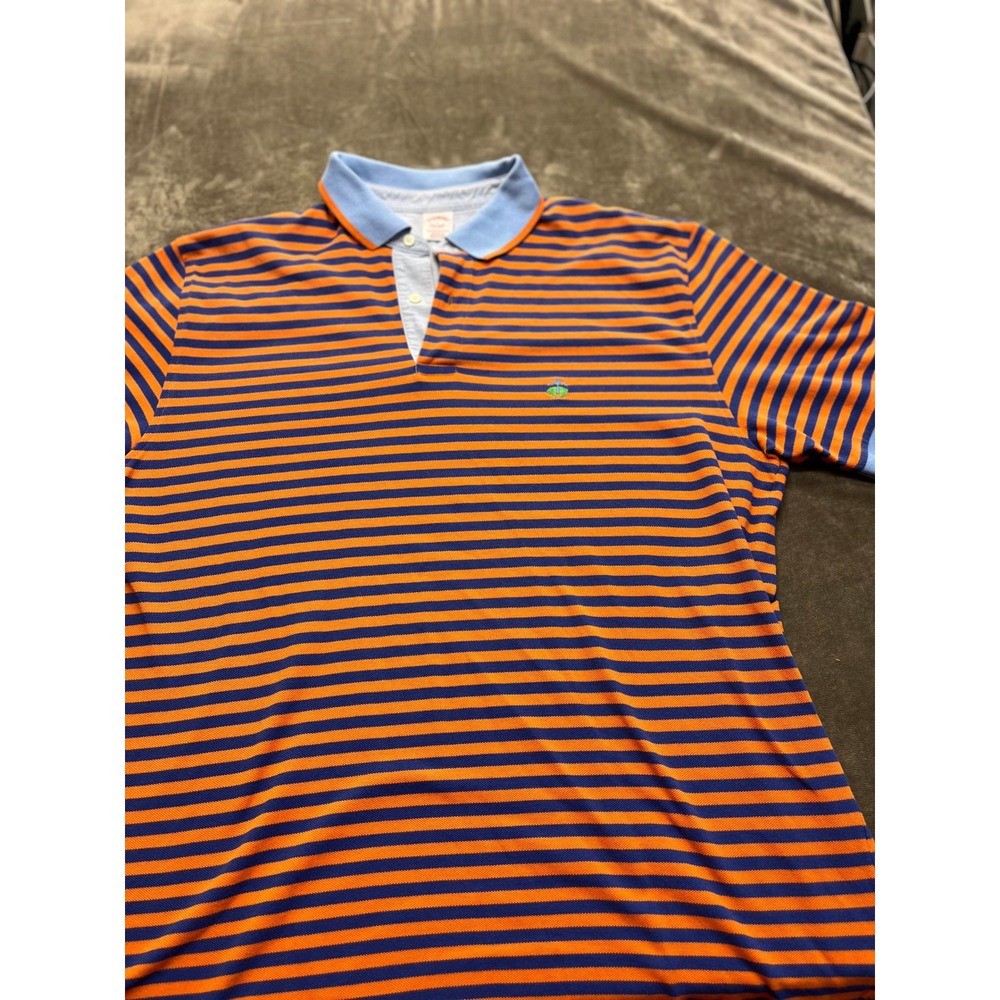 Brooks Brothers Performance Polo Shirt‎ Mens XL Orange Navy Blue Stripe Cotton